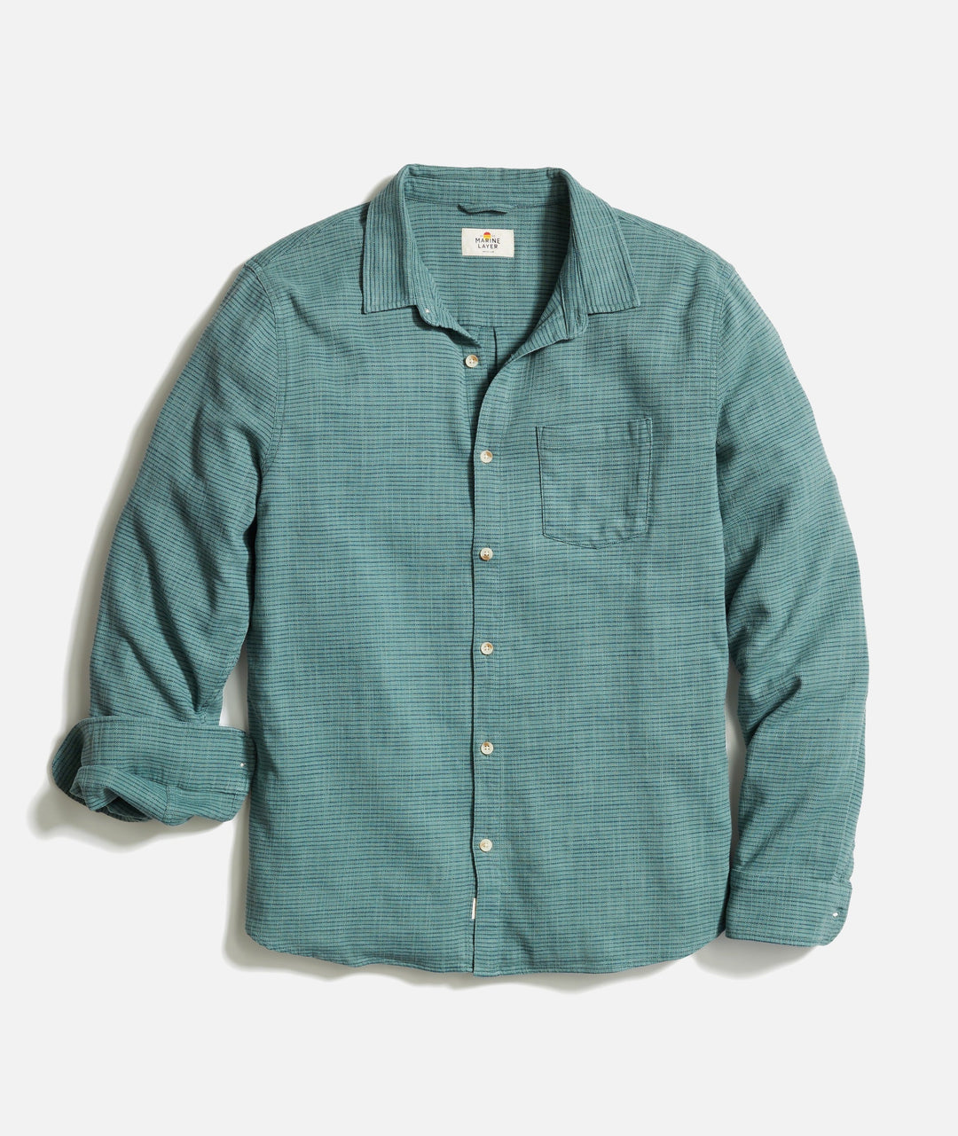 Marine Layer Stretch Selvage Long Sleeve Shirt Mallard Green Stripe 3240104142093