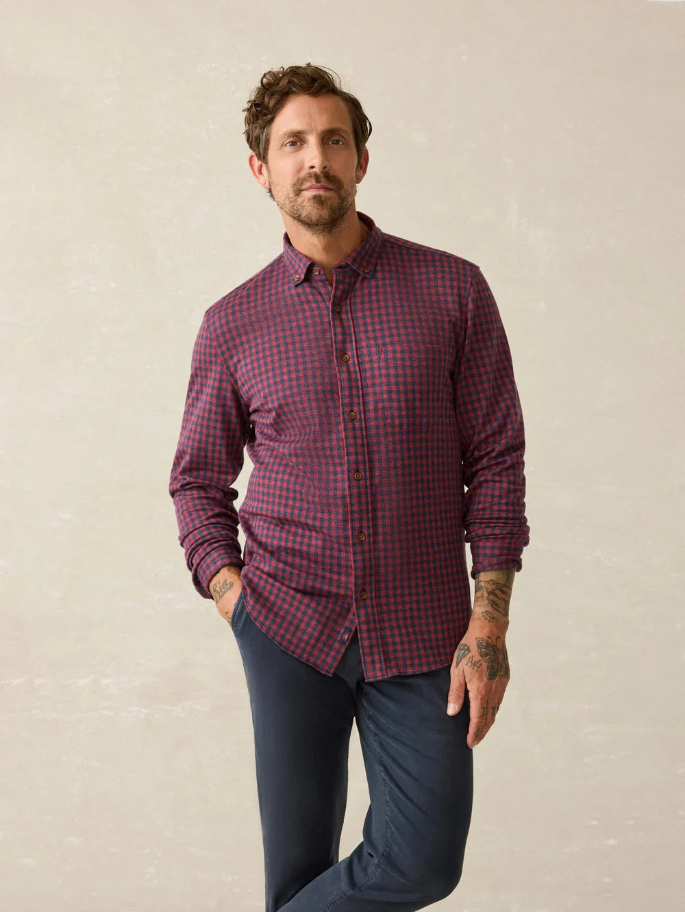 Faherty Coastline Knit Shirt Navy Red Gingham MXF2400