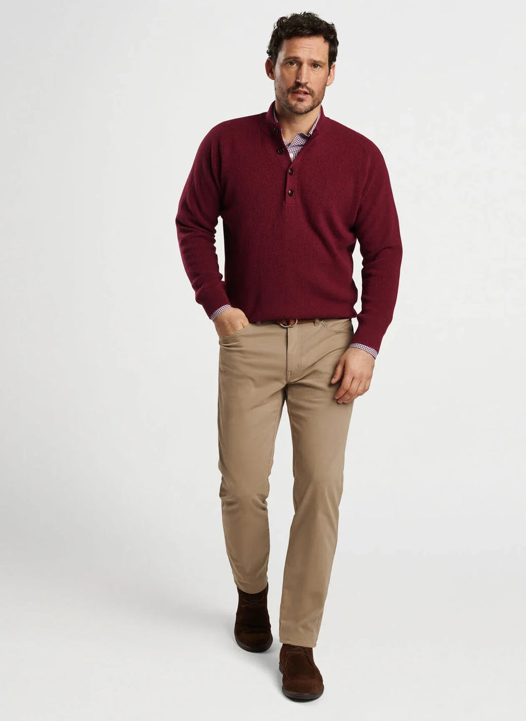 Peter Millar Ruxton Rib Button Mock Sweater Currant MF24S43