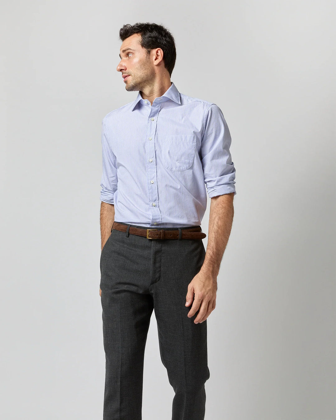 Sid Mashburn Spread Collar Dress Shirt Blue Stripe End-On-End S7618