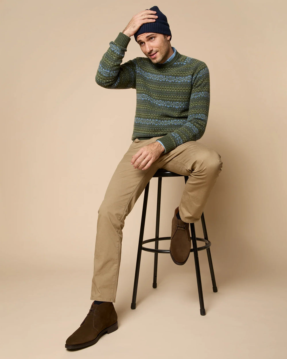 Sid Mashburn Fair Isle Crewneck Sweater Olive/Blue/Brown Extra Fine Merino S74229