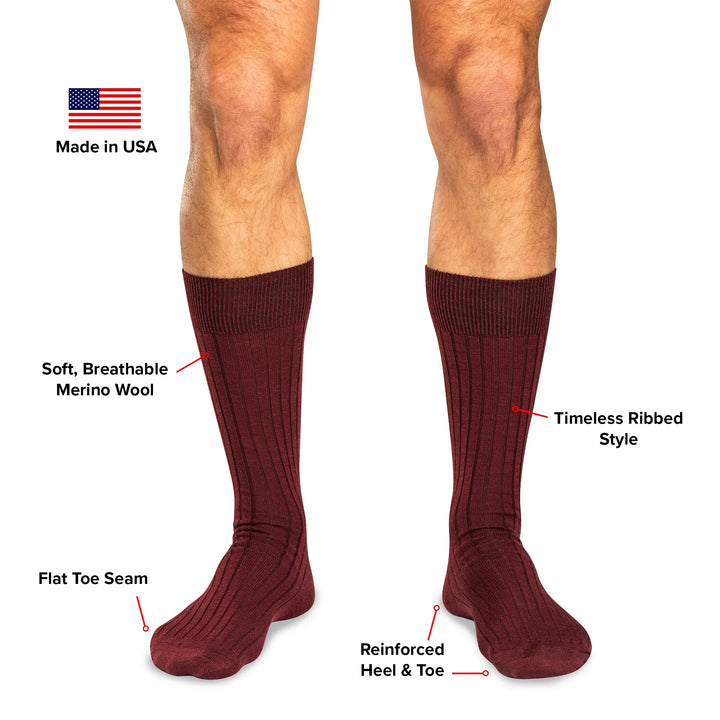 Boardroom Socks Merino Wool Mid-Calf Dress Socks Burgundy 1510