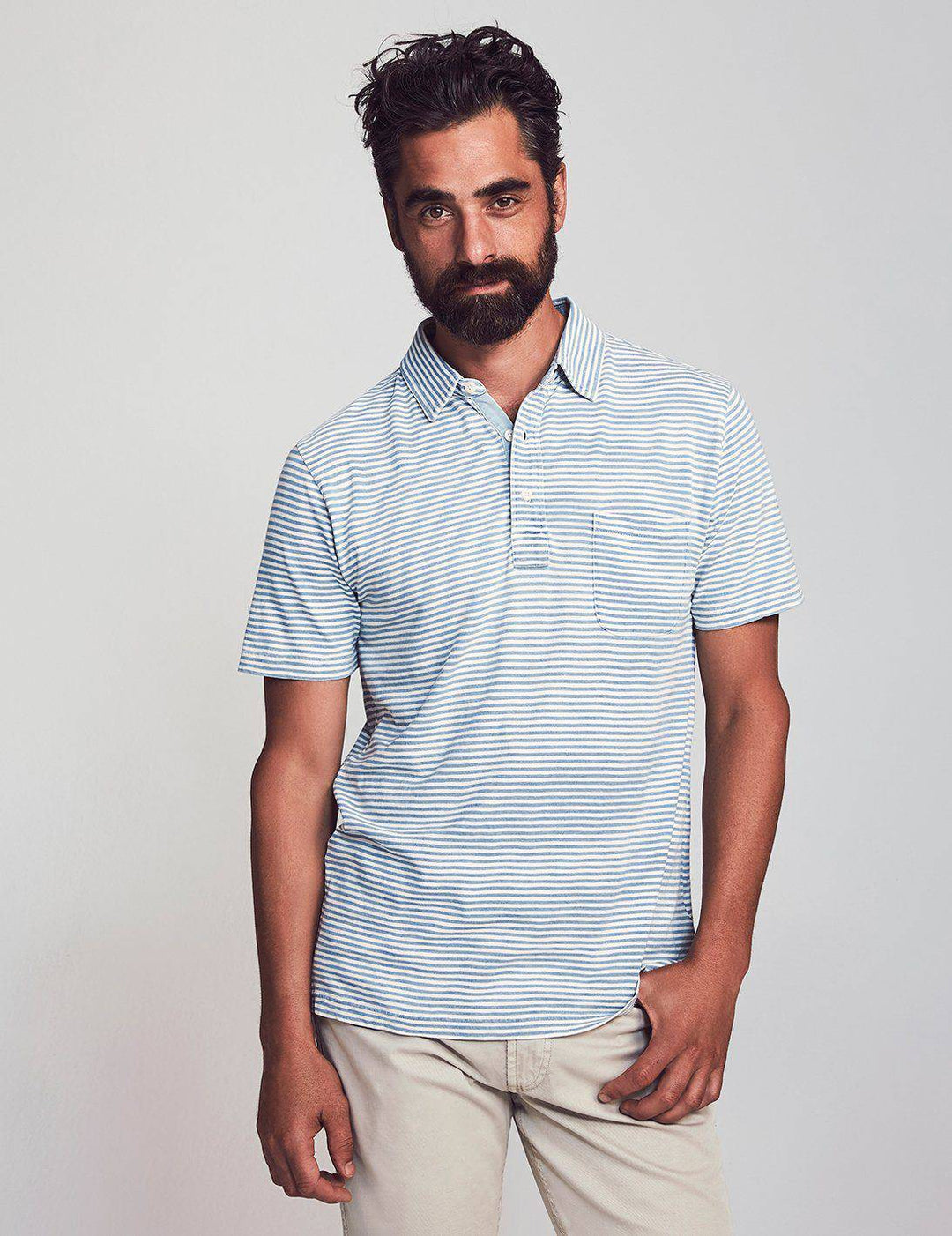 Faherty Short-Sleeve Salt Wash Indigo Stripe Polo