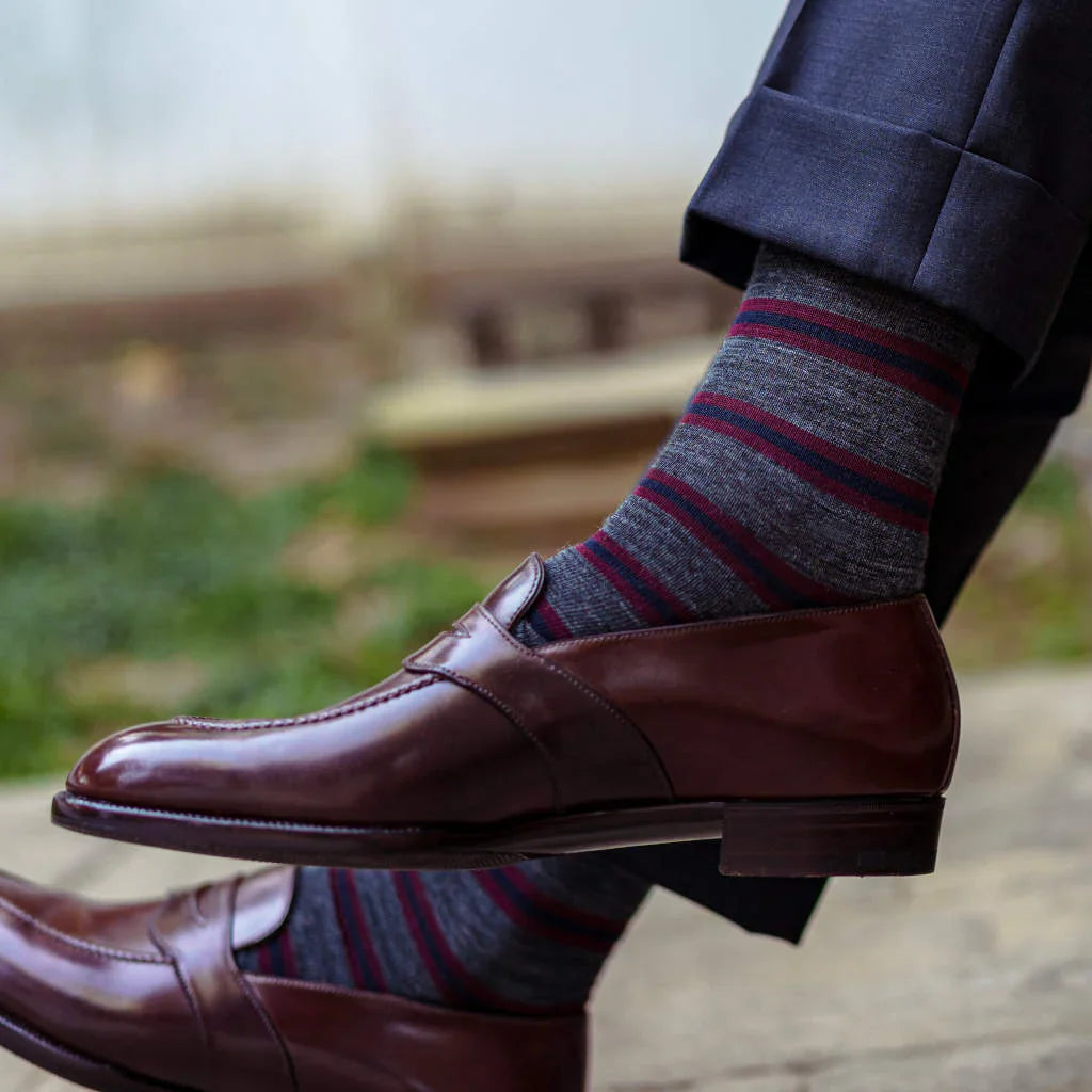 Boardroom Socks Striped Merino Wool Mid-Calf Dress Socks Burgundy / Navy on Grey 7653