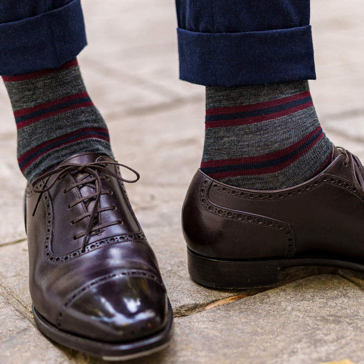 Boardroom Socks Striped Merino Wool Mid-Calf Dress Socks Burgundy / Navy on Grey 7653