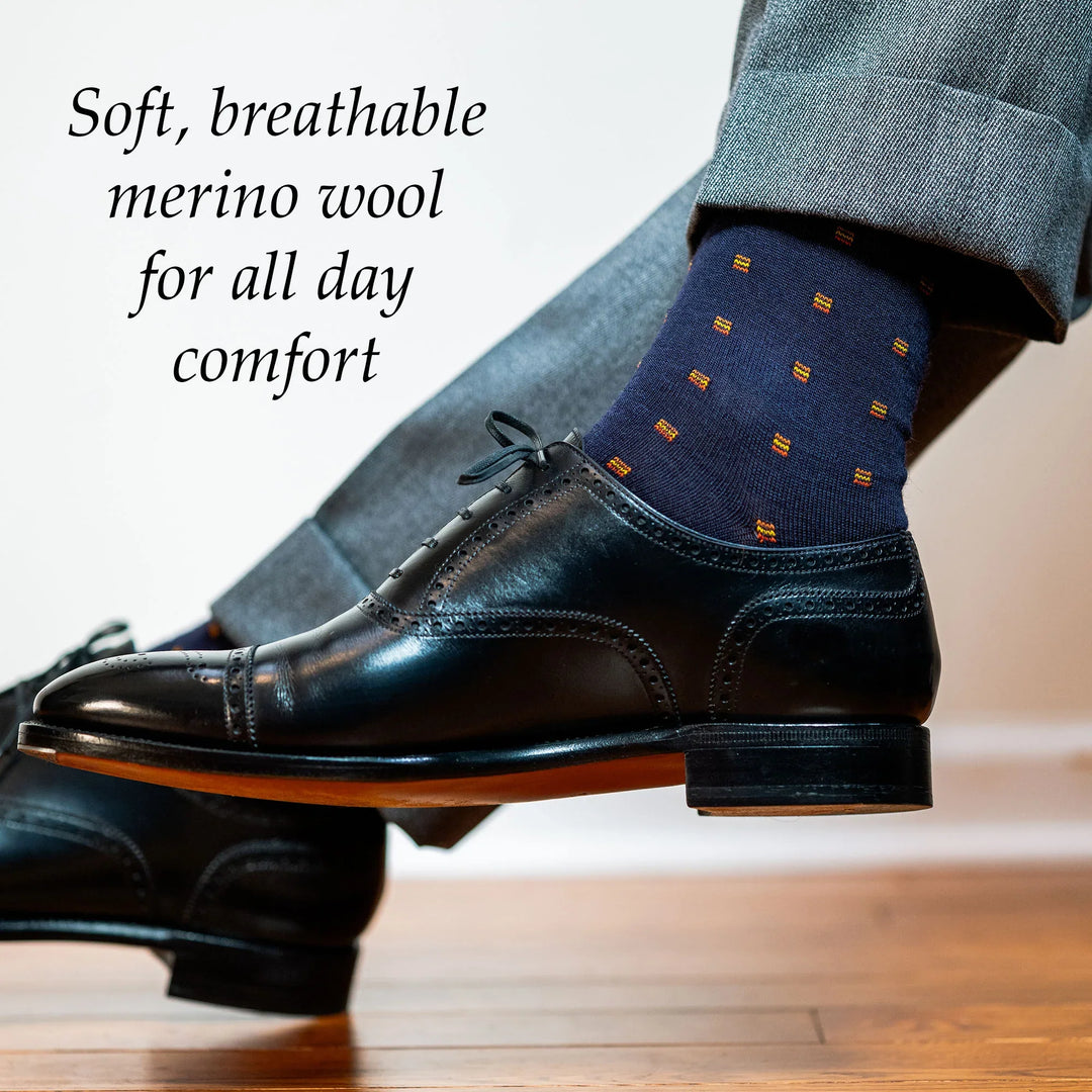 Boardroom Socks Merino Wool Mid-Calf Dress Socks Orange Square Knots 7522