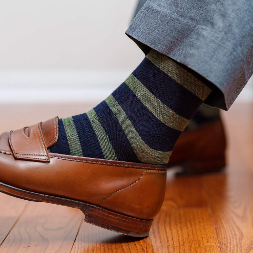 Boardroom Socks Striped Merino Wool Mid-Calf Dress Socks Olive on Navy 7556