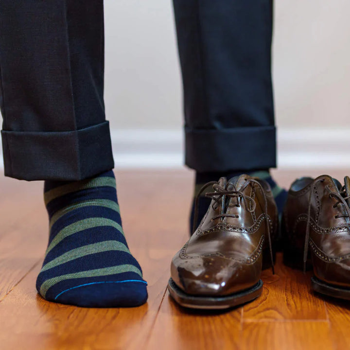 Boardroom Socks Striped Merino Wool Mid-Calf Dress Socks Olive on Navy 7556