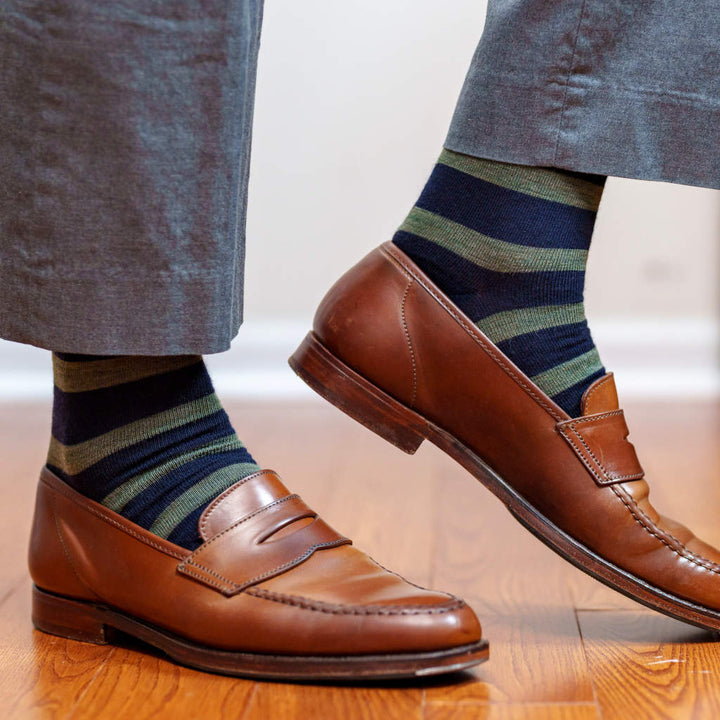 Boardroom Socks Striped Merino Wool Mid-Calf Dress Socks Olive on Navy 7556