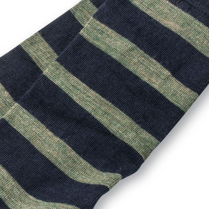 Boardroom Socks Striped Merino Wool Mid-Calf Dress Socks Olive on Navy 7556