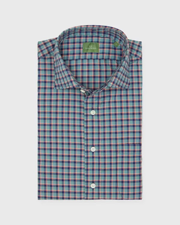 Sid Mashburn Spread Collar Sport Shirt Sage/Navy/Orange Plaid Poplin S72302